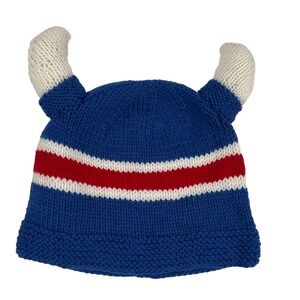 Hand Knit Blue Red White Striped Viking Horn Beanie Hat Norway Nordic Scandi
